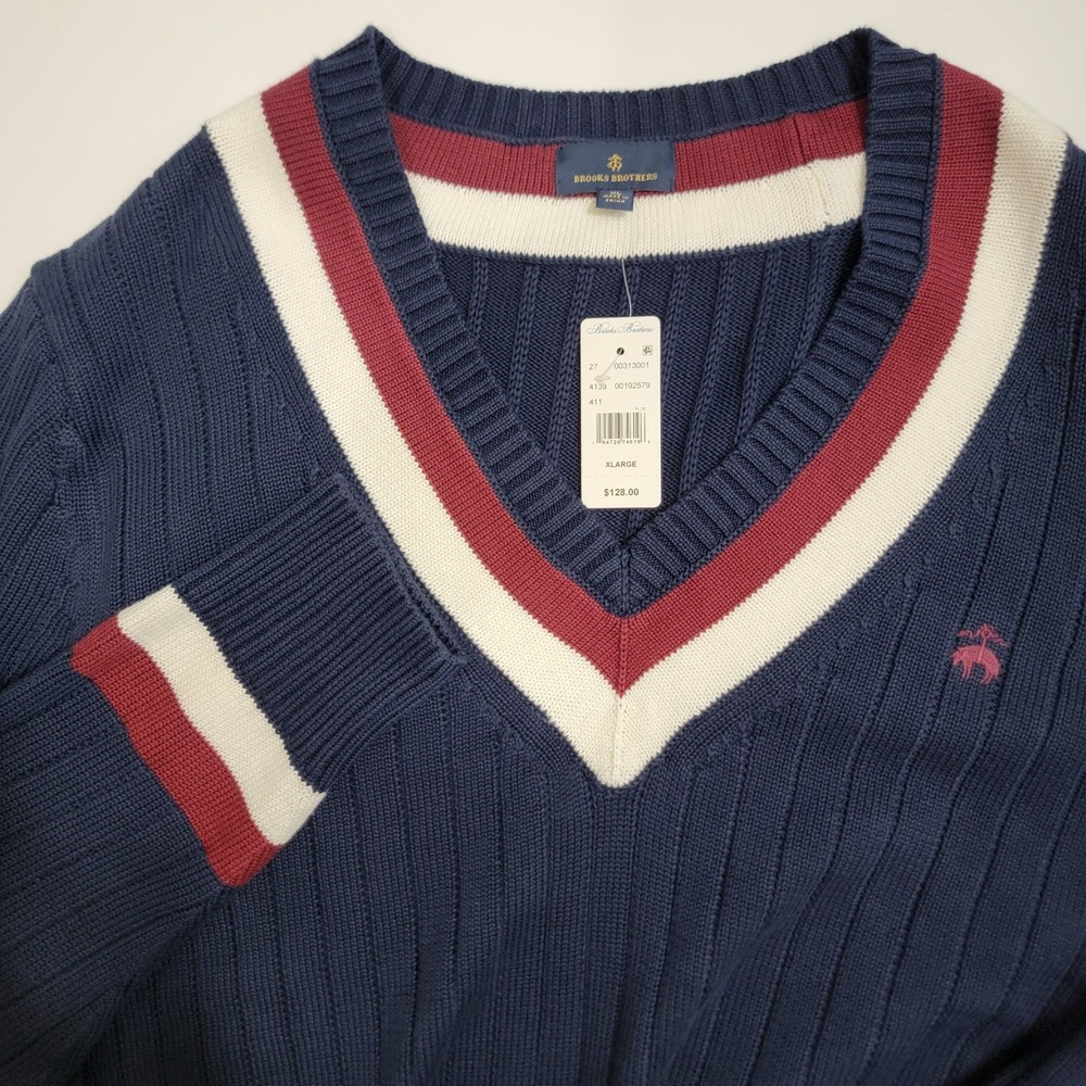 Brooks Brothers Mens XL Navy V-Neck Ribbed Cricket Tennis Preppy Sweater $128